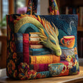 Bolso de hombro artesanal dragón con libros y tazas