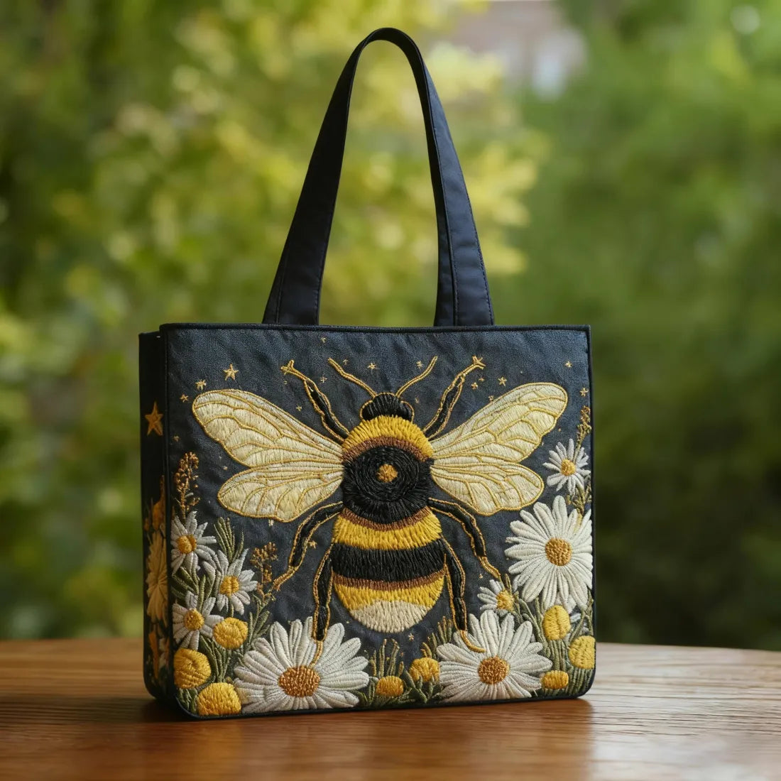 Bolsa artesanal abejas con margaritas y estrellas