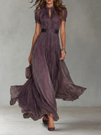 Flavia • Vestido largo violeta con escote de lágrima y borde de encaje de chiffon