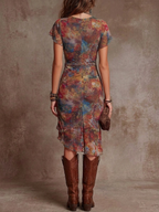 Martina - Vestido midi plisado con escote en V, estampado artístico abstracto de estilo bohemio