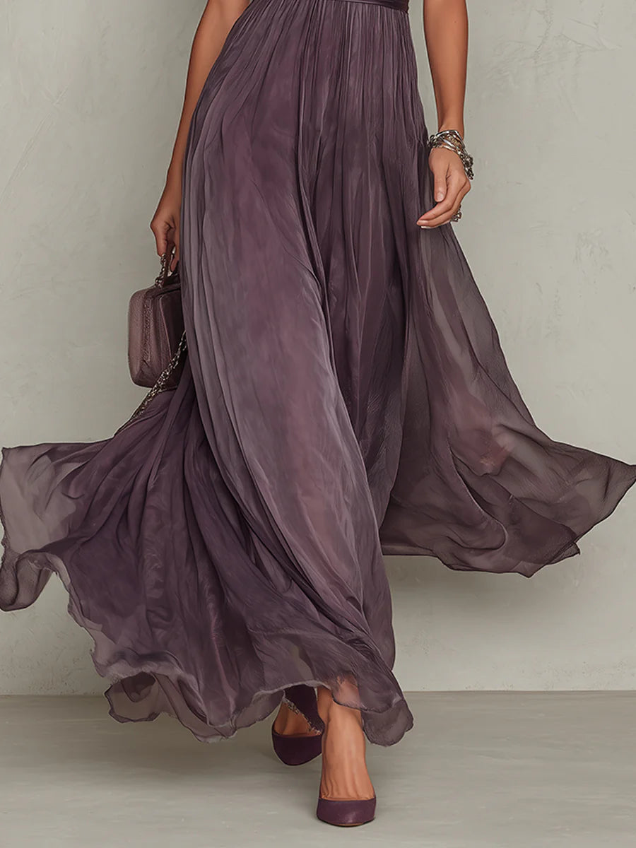 Flavia • Vestido largo violeta con escote de lágrima y borde de encaje de chiffon